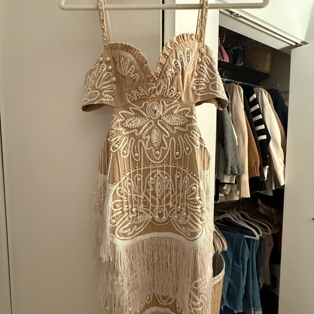 ASOS Cream Strapless Dress with Fringe Detail - Picture 2 of 4